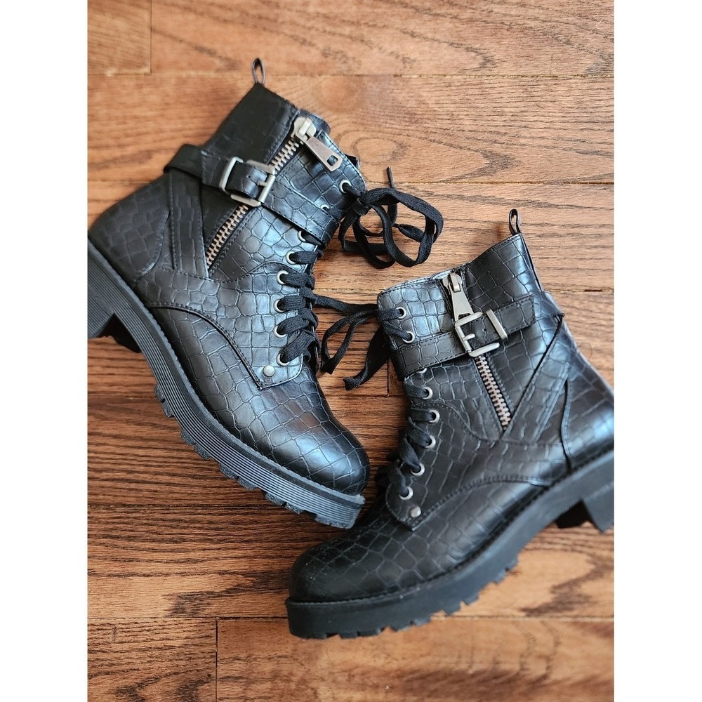 MIA Marcell Combat Boots Womens 10 Black Croc Embossed Lug Sole Edgy Goth Punk